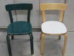 Tuoli ennen ja jälkeen kunnostuksen