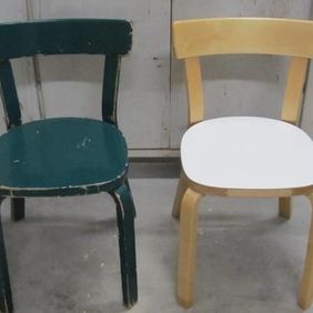 Tuoli ennen ja jälkeen kunnostuksen